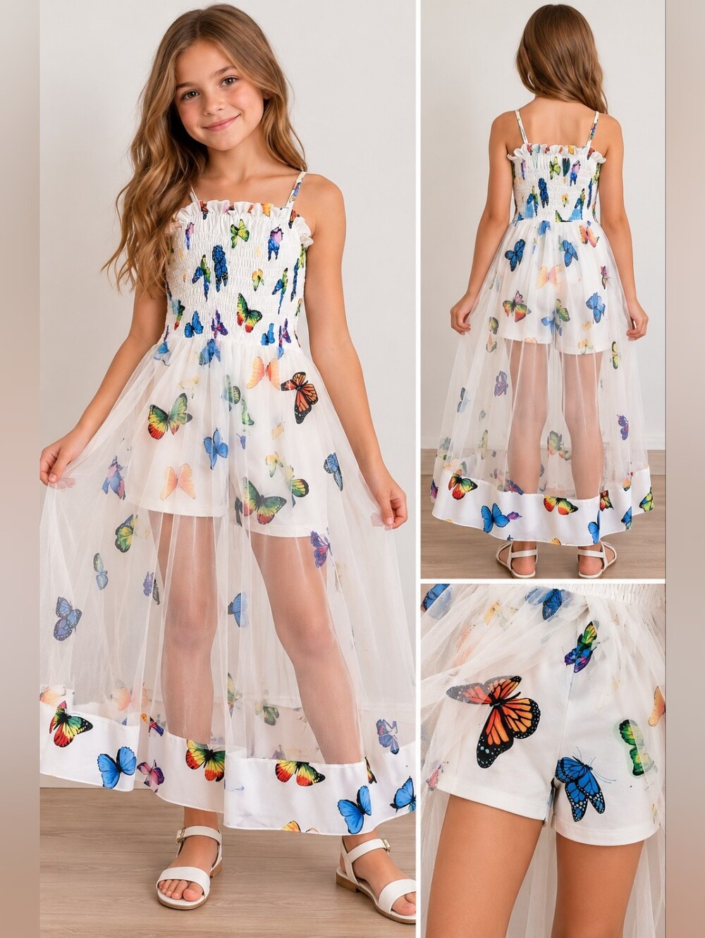 Girls Butterfly Romper Dress with Tulle Overlay – 9–11Y